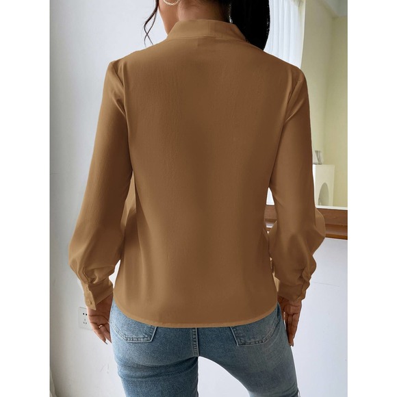 Long sleeve draped v neck Solid Bishop Sleeve Blouse brown - Picture 2 of 8